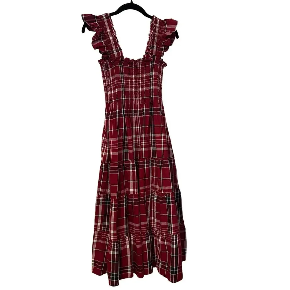 Hill House 100% Cotton Red Plaid Smocked Ruffle Ellie Nap Midi Dress Size Small - Picture 3 of 4